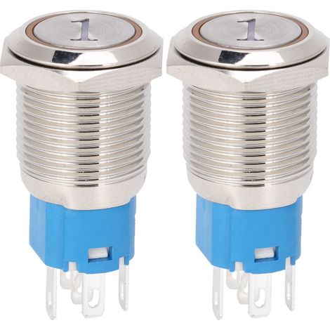 2 interrupteurs poussoirs momentanés 16mm, ronds plats, 5 broches, avec LED jaune et chiffre 1, 220VAC, lot de 2 (1/5)