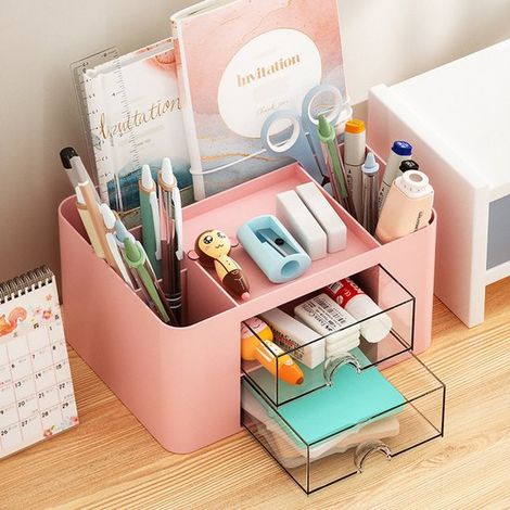 Set di 3 cassetti portaoggetti colorati (verde, rosa, giallo) – Organizer modulare da scrivania per penne, appunti e accessori (1/5)