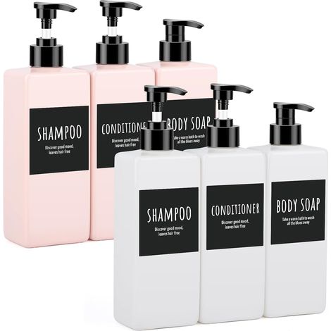 6 Pièces - Distributeur Savon - Bouteille Shampoing - Plastique PET 500ml Avec Étiquettes Étanches Pour Salle De Bain Et Voyage Blanc Rose (1/5)