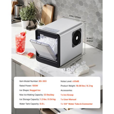 VEVOR Tisch-Eiswürfelmaschine 15 kg pro Tag, Selbstreinigender & Tragbarer Eiswürfelbereiter mit Schaufel & Eiswürfelschublade, Eiswürfelmaschine für Kaueis für Zuhause Küche Büro Bar Partys