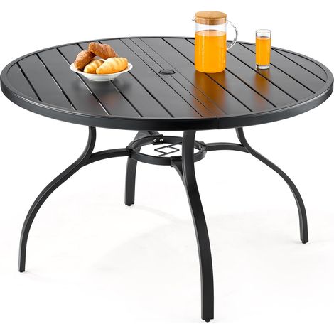 Table à Manger pour Patio extérieur 1200 mm, Table de bistrot Ronde en Acier et métal, Charge 68,04 kg, avec Trou pour Parasol de 38 mm, Grand Meuble Toutes Saisons pour Jardin, véranda, Noir (1/5)