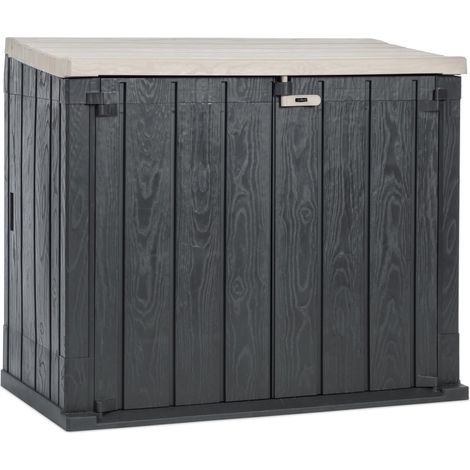 Toomax Stora Way Baule da 842L portattrezzi effetto legno antracite/grigio tortora in plastica resistente 129,5x74,5x111h cm, porta bidoni spazzatura, con chiusura a chiavistello, ideale per giardino