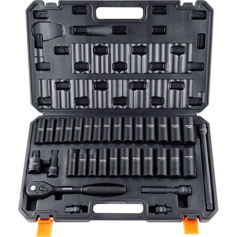 VEVOR Jeu de Douilles a Choc 1/2" Jeu de 26 Douilles a Impact avec Outil a Cliquet 6 Pans en Acier Allie CR-V HRC 42-48 Solide Repere de Taille Facile avec Mallette de Transport pour Reparation Auto