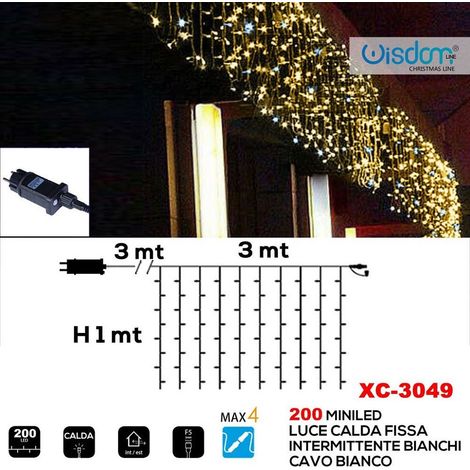 TRADE SHOP - Tenda Luminosa Natalizia 200 Led Luce Calda Fissa + Bianca Intermittente Xc-3049 -