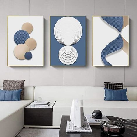 Abstraite Bleu Blanc Or géométrique Mur Art Toile Peinture Impression pour Salon décoration Mur Photos 30x40cmx3 pièces sans Cadre (1/5)