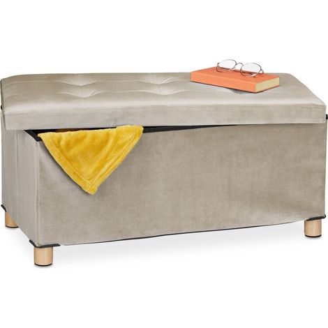 Relaxdays Sitzbank mit Stauraum, Polster, Samtbezug, Holzfüße, bis 120 kg, faltbar, Sitztruhe HBT: 34x76x38 cm, creme