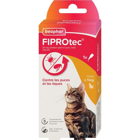 BEAPHAR - FIPROTEC Solution Spot-on pour Chats 50 MG - À Base de Fipronil - Tue Les Puces et Les Tiques à l'application - Traitement Antiparasitaire pour Chat dès 8 Semaines - 1 Pipette de 0,50 ML (1/5)