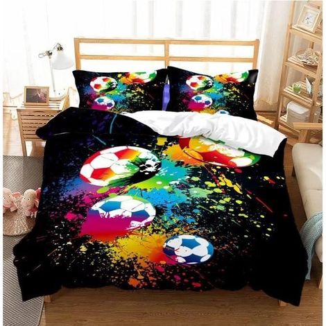 Housse de Couette - Football - Noir - 200x200cm - 2 Taies d'Oreiller - Microfibre 110g/m² (1/4)