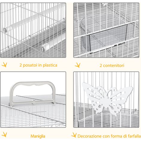 Cage à oiseaux en métal 60 x 41 x 41 cm, incluant perchoirs, gamelles pour nourriture et poignée de transport. (1/5)