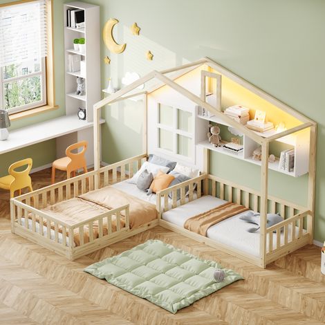 Kinderbett 90/200 cm natur/weiß aus Massivholz und MDF mit LED-Beleuchtung und Regalen (1/5)