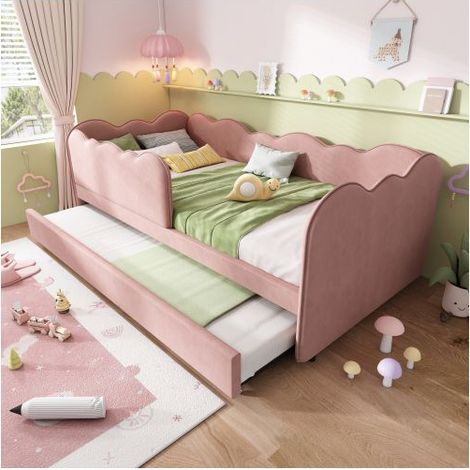 Lit gigogne enfant 90x190cm velours rose design nuage doux - Lit Gigogne - Canapé-lit, dossier confort, roulettes, gain d'espace (1/5)