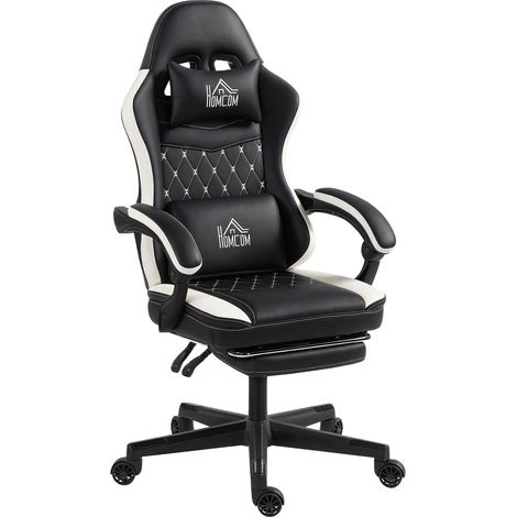 Silla gaming con reposapiés, reposacabezas y cojín, color negro y blanco
