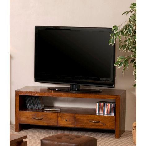 Macabane – Meuble TV en bois Mindi marron – 2 grands tiroirs et 1 petit tiroir – Dimensions 120 x 50 x 48 cm – Style contemporain et ethnique (1/3)