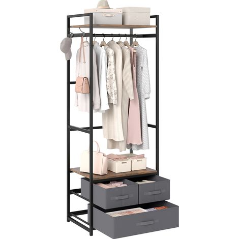COSTWAY Freestanding Garment Rack with Drawers Shelves Metal Frame Side Hooks Bedroom Brown (1/5)