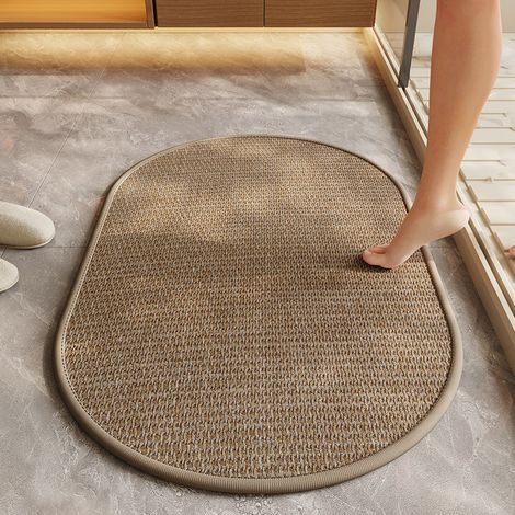 BBPETOPE Tapis de bain ovale couleur chamois tissé aspect lin, tapis absorbant antidérapant pour salle de bain, séchage rapide (1/2)