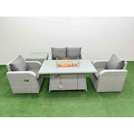Fimous Light Grey PE Wicker Rattan Garden Furniture Set Sofa Set Reclining Chair Firepit Dining Table 4 Seater With Side Table (1/4)