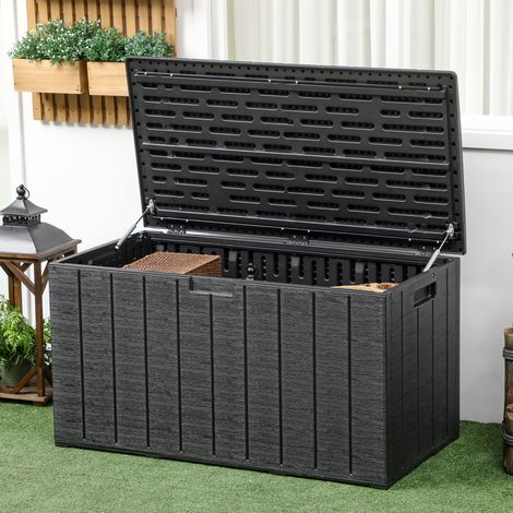 Baúl de Exterior 366L Arcón para Jardín de Plástico de Doble Pared con Ruedas y Asas 122,4x62x64,5 cm Negro (1/5)