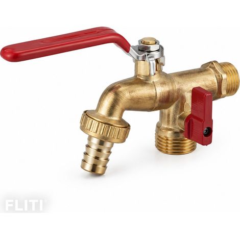 Robinet de jardin laiton 1/2" mâle, sortie 3/4" mâle avec raccord cannelé 15mm et vanne d'arrêt quart de tour (1/4)