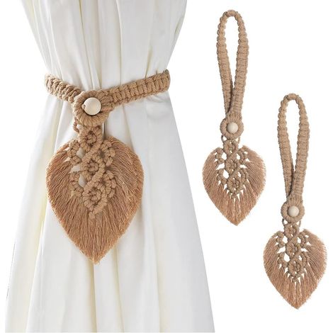 2 embrasses Boho embrasses de Rideaux, Feuilles Coton macramé Pinces à Rideaux,marron (1/5)