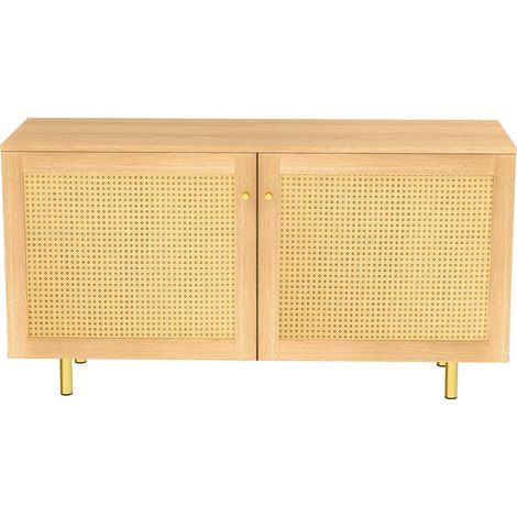 Buffet en rotin à 2 portes effet bois naturel avec pieds en métal doré 120 x 40 x 63 cm (1/5)