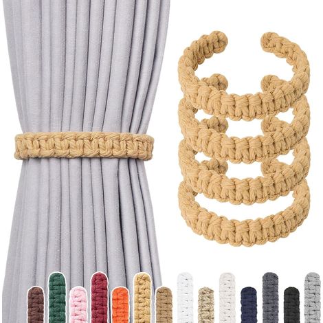 Lot de 4 embrasses de rideaux en corde de coton naturel de style rustique tressé à la main pour la maison (C-kaki) (1/5)