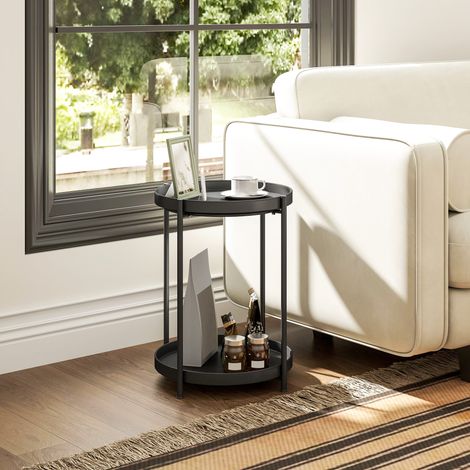 Table d'appoint ronde avec étagère, table basse à 2 niveaux pour salon, chambre, petits espaces, métal, noir