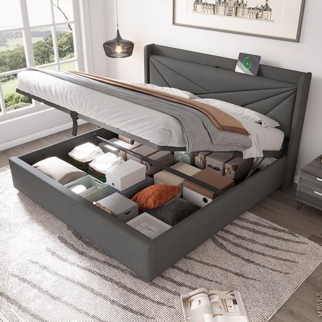 Lit coffre 160x200 avec sommier à lattes, Lit double capitonné avec grand espace de rangement et port USB Type-C, Structure en métal et tissu aspect lin (1/5)