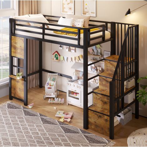 Letto a soppalco per bambini 90 x 200 cm con scala contenitore e vano aperto nero DESVIAE (1/5)