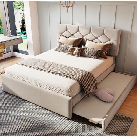 Bett Doppelbett Ausziehbett 140x200 Samt Beige OKMYHOME (1/5)