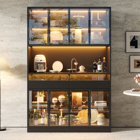Vetrina a LED in vetro temperato grigio 120x40x180 cm - Mobile espositivo con 8 ante, 2 cassetti e ripiano aperto - Nero (1/5)