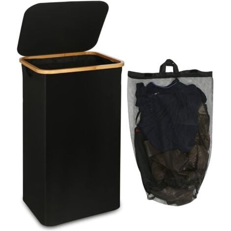 Wäschekorb mit 110 Litern Fassungsvermögen, Netztasche und Deckel (schwarz), Bambusgriff, zusammenklappbarer XXL-Wäschekorb (1/5)