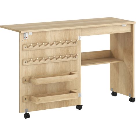 Table de couture pliante et meuble couture roulant - Naturel - Porte magnétique de grange, 2 bacs, étagère et 18 chevilles - Pour couture - Design pratique (1/5)