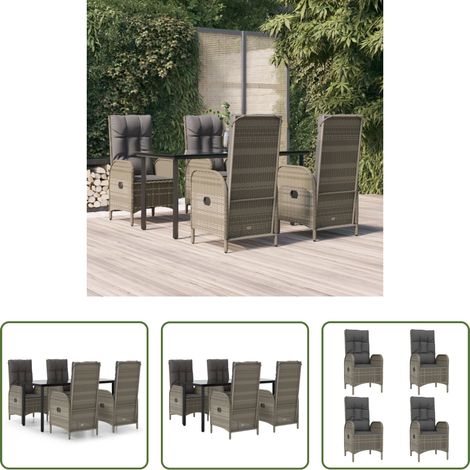 vidaXL Rattanstuhl - 5-tlg. Garten-Essgruppe mit Kissen Schwarz und Grau Poly Rattan (1/5)