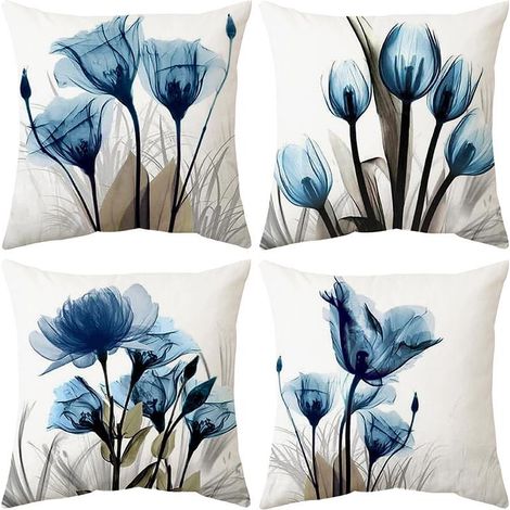 Housse de coussin carrée 45x45 cm lot de 4, motif floral et végétal peint à l'encre bleue, gris marine, polyester doux, taie pour canapé, salon, chambre, 18x18 pouces, déco moderne. (1/5)