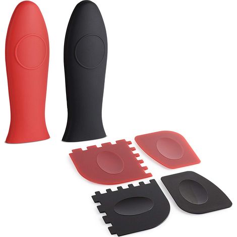 Grill Pan Scraper - Pan Scraper - Silicone Hot Handle Holder - For Cast Iron Cookware - Pack of 6 - Red Black (1/5)