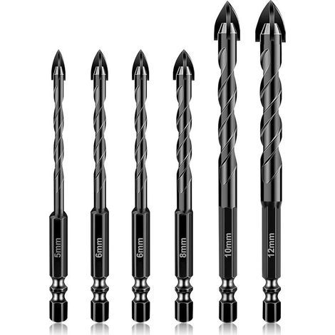 Forets de Maçonnerie, 6 PCS Forets Hélicoïdaux en Carbure de Tungstène pour Carreaux de Céramique, Béton, Murs de Briques, Verre, Miroirs, Plastique, Bois(5, 6, 6, 8, 10, 12 mm) (1/4)