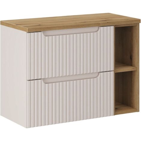 Conjunto de baño VANO cachemira y roble 80cm: mueble bajo lavabo con cajones y nichos visibles + encimera para lavabo