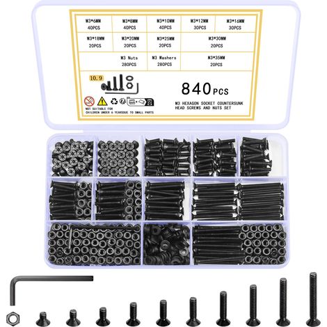 Lot de 840 vis M3 à tête fraisée à six pans creux avec écrous, vis à tête plate et écrous noirs (1/5)