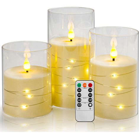 Velas LED color marfil, con pilas, con luces incorporadas, 3 velas sin llama, temporizador de 24 horas (pilas no incluidas)