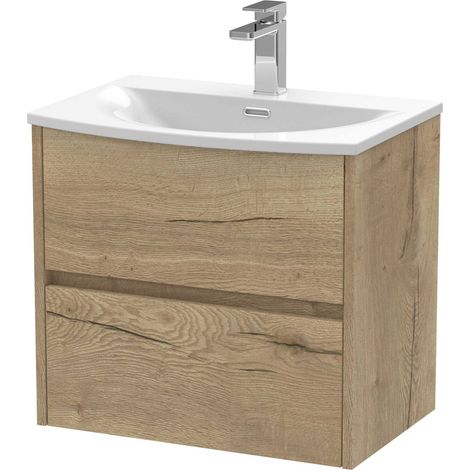 Nuie Havana Autumn Oak Woodgrain 600mm Wall Hung 2 Drawer Vanity Unit and Curved Ceramic Basin - HAV804G (1/4)