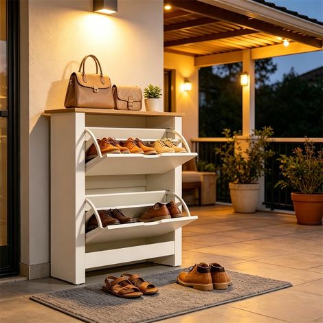 Meuble à Chaussures Étroit - 72x26x80cm - Armoire Rangement Entrée Gain de Place 2 Portes Abattantes - Bois Naturel et Blanc (1/5)
