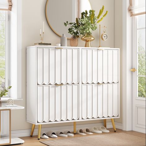 Zapatero con 4 Puertas Abatibles y Separadores Ajustables, con Antivuelco, en MDF y Tablero de Partículas, 100×24×91.5 cm, Blanco (1/5)