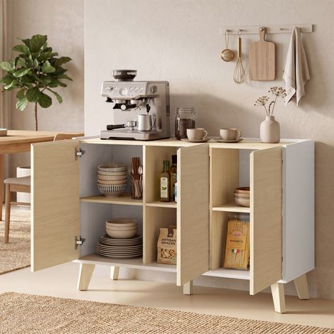 Buffet cuisine. meuble de rangement nordique. 3 portes à fermeture douce. 6 compartiments. bois naturel et blanc (1/5)