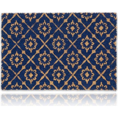 Relaxdays Felpudo de Coco, Diseño Floral, Resistente Intemperie, 60x40 cm, Felpilla de Interior y Exterior, Azul/Natural (1/5)