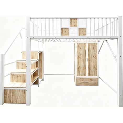 Metall-Hochbett 140 x 200 cm weiß mit Kleiderschrank, Schubladen und Stauraumtreppe (1/5)