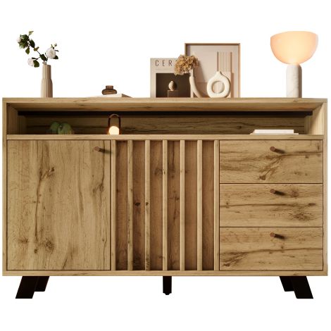 Credenza 120x40x85 cm, buffet con 3 cassetti e 2 ante, vani a giorno con design a doghe vintage per soggiorno e sala da pranzo - Rovere scuro