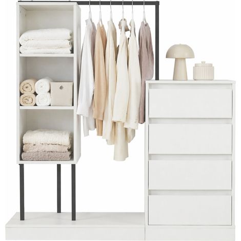 Armoire penderie blanche et noire avec 4 tiroirs, étagères ouvertes et tringle, rangement multifonction stable pour chambre, entrée ou salon – CHICFURN (1/5)