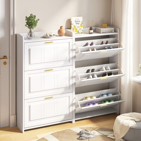Lot de 2 meubles à chaussures 70 x 24 x 120 cm - 6 portes abattantes - 12 compartiments - MDF et panneaux de particules - Blanc (1/5)