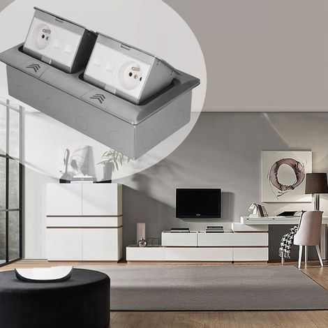 Prise de bureau/sol multifonctionnelle encastrable ignifugée J26L (250 V 16 A, surface argentée + double prise téléphonique) avec deux prises françaises, deux prises pour ordinateur et deux prises tél (1/5)