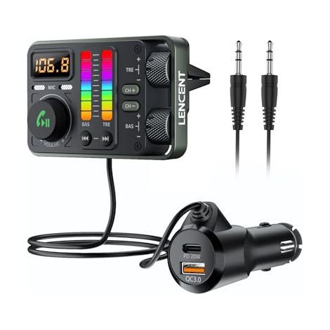 Applicable Bluetooth Voiture 5,3 Transmetteur FM, Hi-FI Treble & Bass Lecteur, PD20W QC18W Chargeur Rapide, Radio Voiture Adaptateur avec 2 micros pour appels Mains Libres, Siri&Google, U Disk 3,5mm A (1/5)